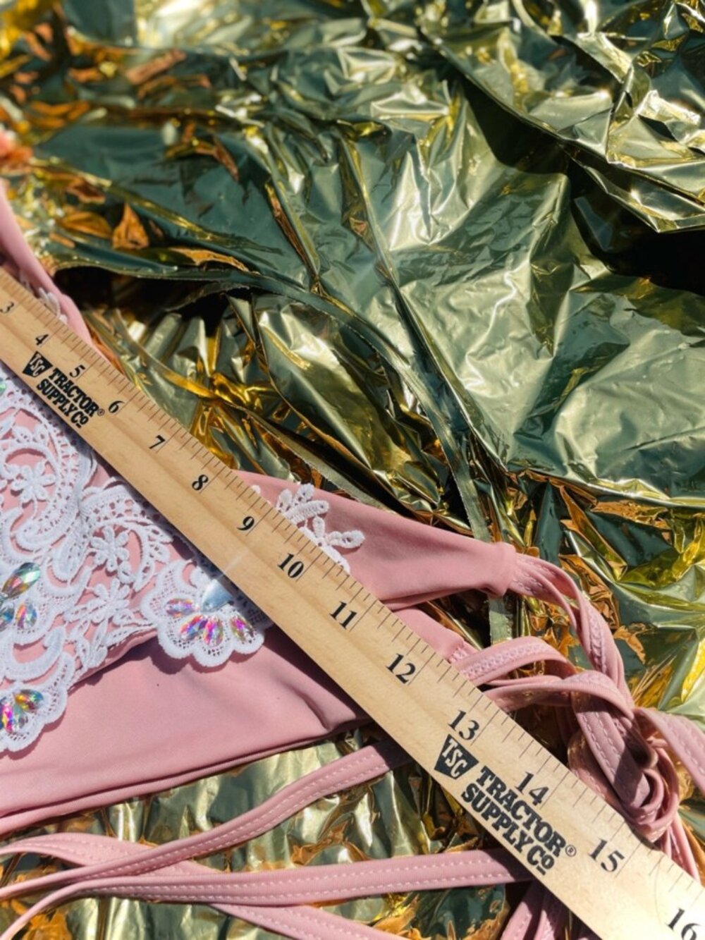 ZAFUL | L | Crochet Panel Rhinestone String Bikini Pink Beige White Bottoms - Picture 6 of 15